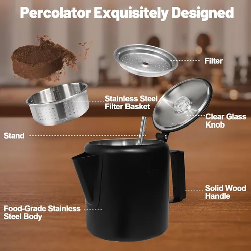 Vista 3 de Percolador de 6 Tazas de Acero Inoxidable 304 Cafetera Máquina de Café con Mango de Madera Sólida Perilla Transparente Estufa Greca Mocha