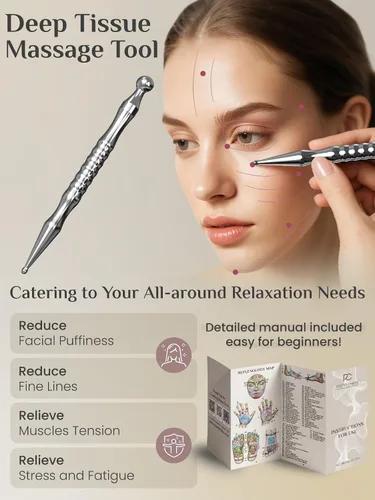 Vista 2 de Rena Chris Stainless Steel Acupuncture Pen, Manual Reflexology Tools for Muscle Tension and Pain Relief, Acupressure Pen with Reflexology Chart &