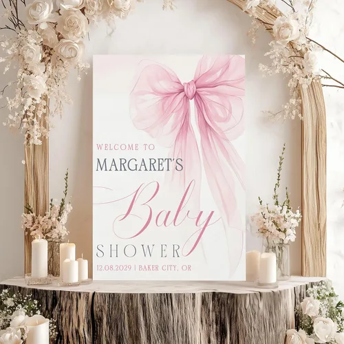 Vista 2 de Letrero personalizado de bienvenida al baby shower, con lazo rosa con decoración elegante, espacio acogedor, ideas creativas y momentos alegres