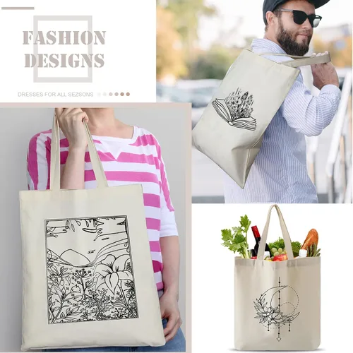 Vista 6 de Reginary 4 bolsas de lona para mujer, bolsas de lona para compras, estéticas, reutilizables, para comestibles, regalos (artístico)