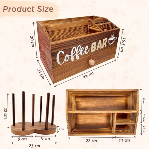 Vista 2 de Organizador de estación de café para encimera, organizador de madera para barra de café, cesta de almacenamiento con cajón, organizador