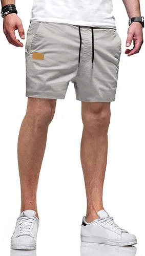 Vista 11 de JMIERR Pantalones cortos casuales de algodón con cordón de verano para la playa de sarga elástica chino golf corto con bolsillos Beige