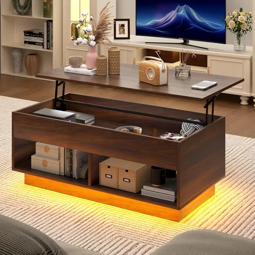 Vista 10 de HOMMPA Mesa de centro moderna con tapa elevable con almacenamiento para sala de estar, mesa de centro LED, mesa de comedor de madera con 2 cajones