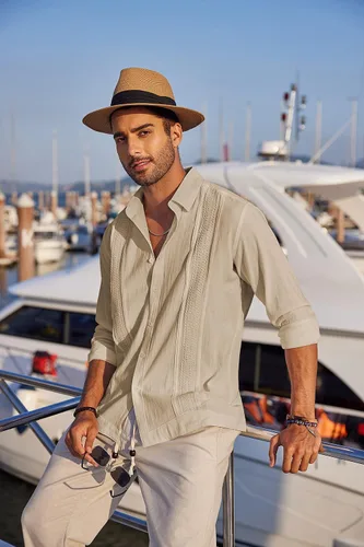 Vista 4 de COOFANDY Camisas de guayabera cubana para hombre, de manga larga, informal, con botones, de algodón, para la playa