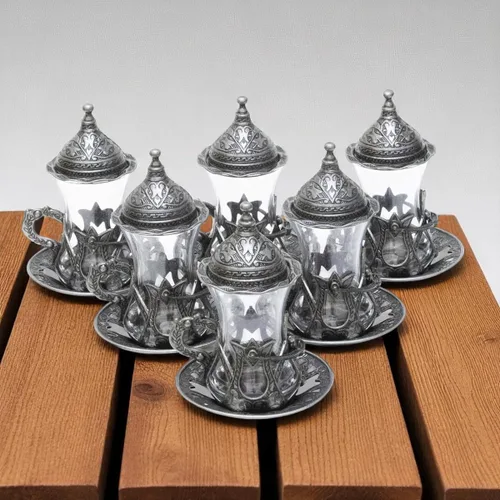 Vista 6 de Alisveristime Juego de 6 vasos de té turco hechos a mano Zamzam para servir vasos platillo y cuchara (negro)