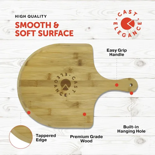 Vista 4 de Cast Elegance Madera de bambú de 12 pulgadas para horno, paleta de pizza con bordes fáciles de deslizar y mango para hornear, espátula ligera