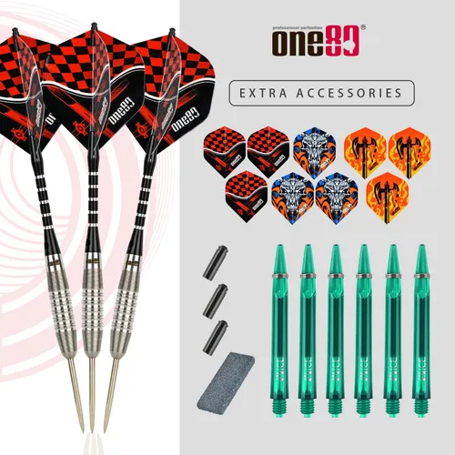 Vista 6 de ONE80 - Dardo de punta de acero profesional de tungsteno 90% VHD, estilo barril con vuelos extra, ejes y sacapuntas, caja de regalo con empaque