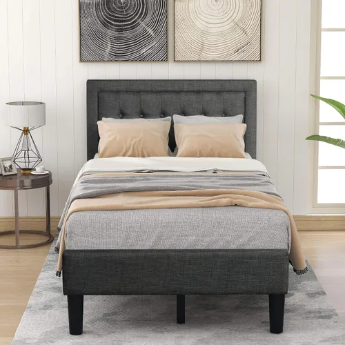 Vista 3 de Anwick Cama de plataforma tapizada con botones y soporte de listones de madera resistente (individual, gris)
