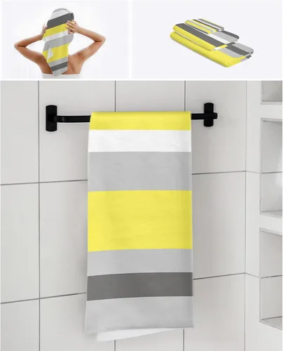 Vista 7 de Juego de toallas de baño de 3 piezas, diseño geométrico de rayas amarillas, grises y blancas, juego de toallas de baño suaves y absorbentes