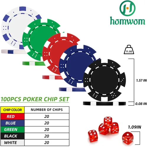 Vista 3 de Homwom Juego de póquer para viajar, 100 piezas, 5 colores, fichas de póquer profesionales en caja de regalo de cartón, fichas de póquer de casino