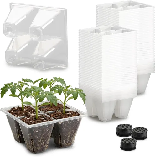 Vista 11 de RooTrimmer Paquete de 40 bandejas reutilizables de 4 celdas para plantas de semillero, bandejas profundas de células grandes con agujeros de drenaje