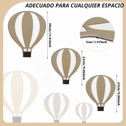 Vista 2 de Soaoo 9 piezas de globos de aire caliente, decoración de pared de guardería, letrero de madera bohemio, globo de aire caliente, decoración de baby