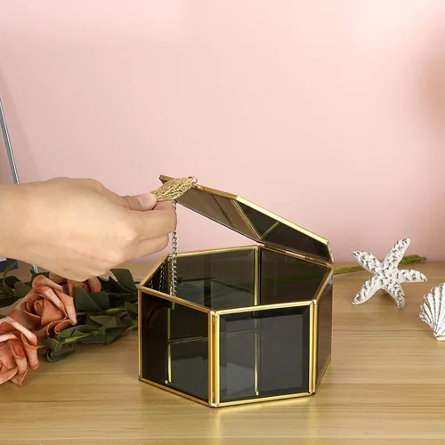 Vista 5 de ELLDOO Joyero de cristal negro organizador de joyería hexagonal con ribete dorado caja de recuerdo decoración decorativa caja de vidrio con tapa