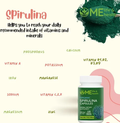 Vista 6 de ME LIFE & HEALTH Cápsulas SPIRULINA, ricas en proteínas, antioxidantes y vitaminas, polvo de espirulina 100% orgánica, apoya la salud inmunológica