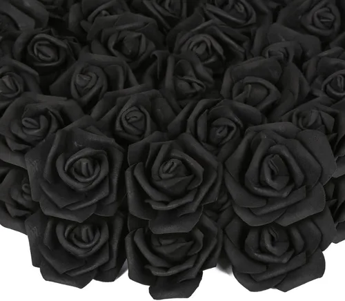 Vista 25 de Cabezas de rosas artificiales, 100 rosas falsas negras, cabezas de rosas artificiales de espuma para ramos de boda, centros de mesa, arreglos