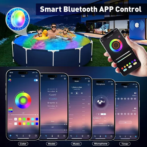 Vista 3 de Luz de piscina, 6 pulgadas, 25 LED RGB sumergible luz flotante Bluetooth APP Control, 4000mAh Rechargeable, IP68 Waterproof, Magnetic Mount, Above