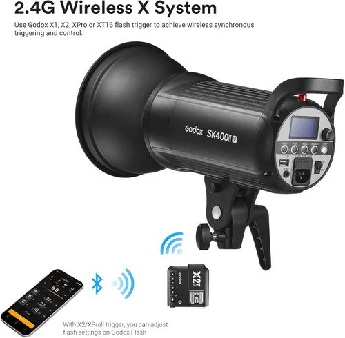 Vista 4 de Godox SK400II-V Studio Strobe, nueva versión mejorada de SK400II, sistema inalámbrico X de 400 W 2.4G GN65 5700K Monolight con lámpara de modelado