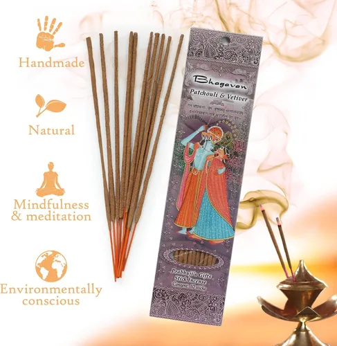 Vista 5 de Prabhuji's Gifts Radha, Bhagavan, Govardhana Varillas de incienso espiritual enrolladas a mano – Varillas aromáticas – para meditación, yoga
