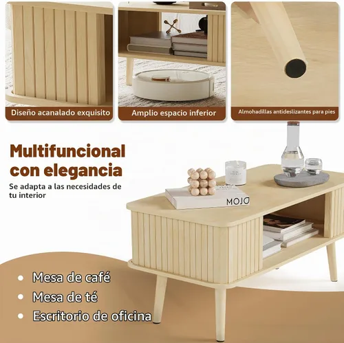 Vista 5 de Mesa de café LAZZO con almacenamiento mesa central para sala de estar mesa de café rectangular con bordes redondeados, fácil montaje, madera natural