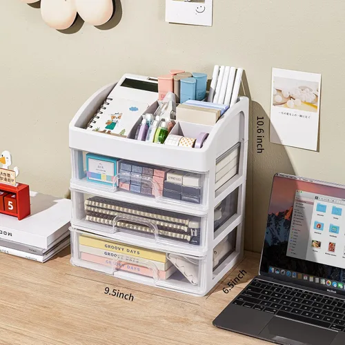 Vista 3 de Organizador de escritorio con cajones, organizador de almacenamiento de 3 cajones, cajones de almacenamiento de escritorio para suministros
