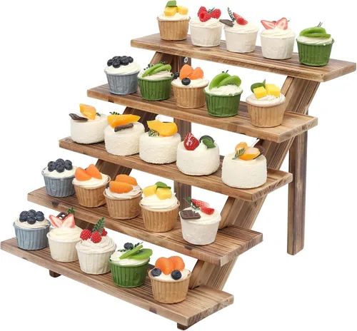 Vista 12 de SwallowLiving 2 soportes rústicos de madera para cupcakes para 24 cupcakes, soporte de exhibición de madera escalonada para bodas, mesa de fiesta