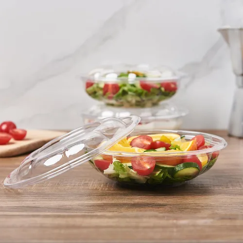 Vista 5 de Paquete de 50 cuencos de ensalada de plástico con tapas, recipiente desechable de 18 onzas para ensalada para el almuerzo, cuencos transparentes