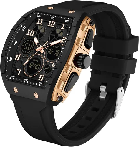 Vista 14 de Relojes para hombre, únicos rectángulos, reloj de pulsera blanco con pantalla digital analógica de doble hora, cronómetro de cuenta regresiva