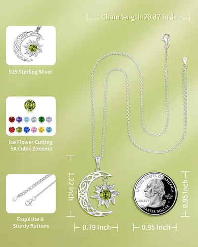 Vista 3 de BDL Collares de piedra natal para mujer, plata de ley 925 con diseño de bruja, sol y luna, regalos