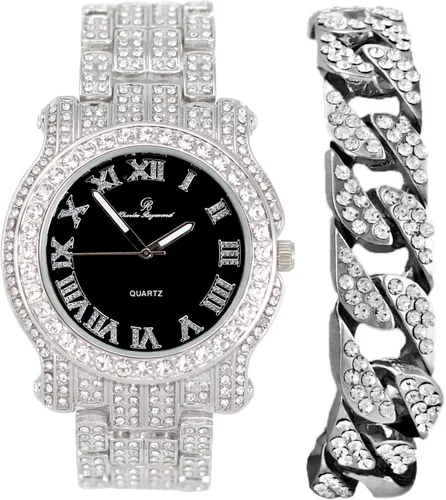 Vista 14 de Charles Raymond Reloj redondo de lujo para hombre totalmente incrustado con brillantes en plata con pulsera Bling-ed Out - L0504B