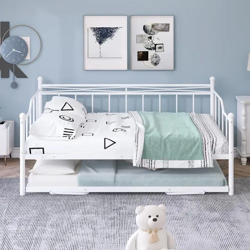 Vista 4 de Sofá cama de metal de tamaño matrimonial con nido ajustable de tamaño individual, nido plegable portátil, soporte de listones de metal, cama Blanco