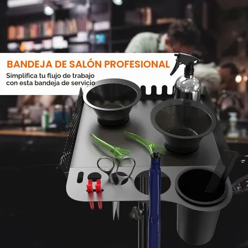 Vista 6 de Bandeja rodante de salón con 2 cuencos magnéticos, carrito de herramientas profesional, bandeja de extensión de cabello para peluqueros, bandeja