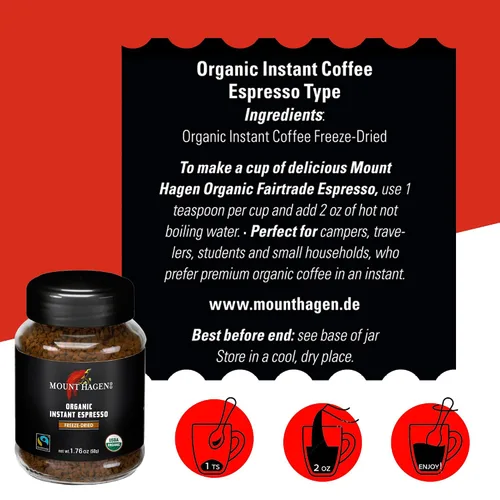 Vista 6 de Mount Hagen Café espresso instantáneo, café expreso orgánico ecológico hecho de granos arábica de tostado medio, café instantáneo liofilizado