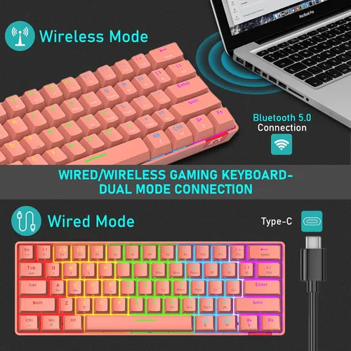 Vista 2 de Teclado mecánico inalámbrico 60% de modo dual BT5.0USB-C para juegos con retroiluminación arco iris, compacto, 61 teclas, ergonómico, recargable