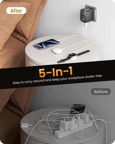 Vista 5 de LENCENT Adaptador de corriente de viaje universal, adaptador de enchufe de CA internacional con 2 puertos USB C 2 USB A, cargador de pared para Negro