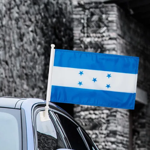 Vista 5 de Paquete de 2 banderas de automóvil, bandera de Honduras para exteriores con bandera hondureña y mástil, el clip para ventana con logotipo