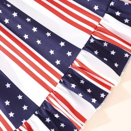 Vista 7 de Vestido para niñas del 4 de julio, vestidos de bandera estadounidense, manga con vuelo, ropa patriótica, trajes para el día de la independencia