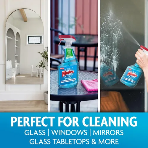 Vista 2 de Windex Spray limpiador de vidrio y ventanas, botella hecha de plástico 100% reciclado, espray de limpieza de superficies, aroma azul original, 23
