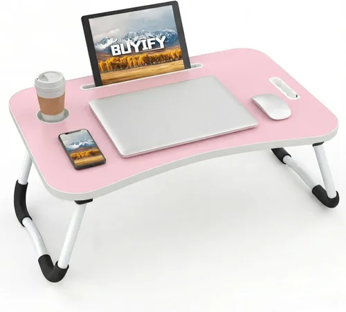 Vista 9 de BUYIFY Escritorio Plegable para Regazo, Escritorio Portátil de Madera Negra de 23 Pulgadas para Laptop en Cama con Portavasos, para Trabajar, Leer