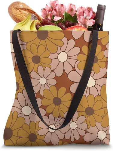 Vista 4 de Retro Groovy Flowers Floral Hippie 70s Lindo Beige Marrón Tote Bag