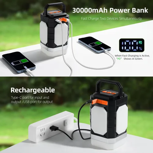 Vista 3 de Sinvitron Linterna de campamento recargable: 30,000 mAh luces de campamento portátiles, carga rápida QC3.0, 1000 lúmenes, tiempo de funcionamiento