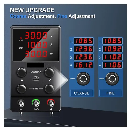 Vista 4 de Fuente de alimentación de CC variable, 30 V, 10 A, 5 A, fuente de alimentación de banco regulada de CC con pantalla LED de 4 dígitos, 15 V, 60 V