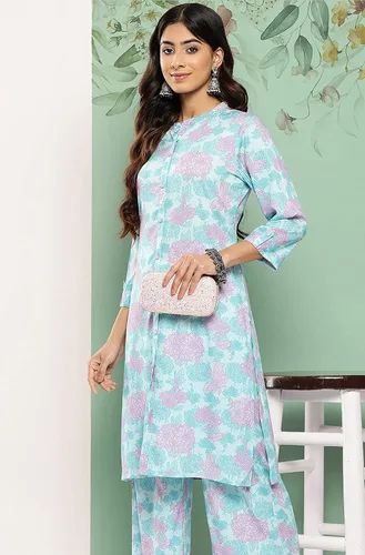 Vista 4 de Janasya Conjunto de coords con estampado digital de crepé azul cielo para mujer india