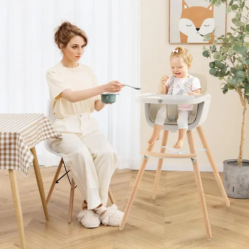 Vista 9 de BABY JOY Trona convertible para bebé, 3 en 1, silla alta de madera/asiento elevador/silla con bandeja extraíble, patas ajustables, arnés de 5 Beige