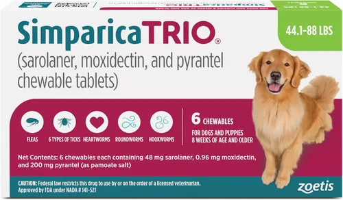 Vista 17 de Simparica Trio (sarolaner, moxidectina y tabletas masticables de pirantel) masticables para perros, 6 mg/tab, 5.6-11 libras, (púrpura), 1 tableta