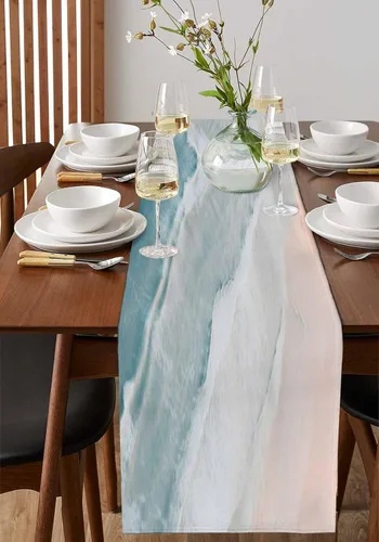 Vista 4 de Camino de mesa de playa de verano de 70 pulgadas de largo, bufandas de vestir estilo granja, náutico oceánico, costero, auqa, beige, mesa de comedor