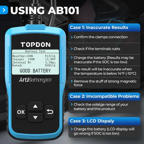 Vista 6 de TOPDON AB101 Probador de Batería de Coche 12V Probador de Carga de Batería de Coche en Sistemas de Arranque y Carga, Analizador de Alternador