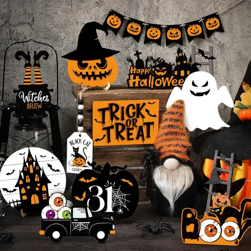 Vista 2 de Geetery Juego de 18 piezas de decoraciones de bandeja escalonada de Halloween, decoración de mesa de Halloween, gnomo de felpa, calabaza, fantasma