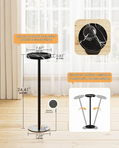 Vista 3 de Mesa de bebida, mesa auxiliar de pedestal pequeña, mesa de cóctel redonda, mesa auxiliar circular con base de metal, para espacios pequeños