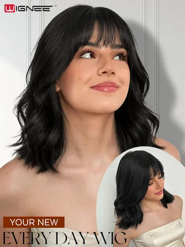 Vista 4 de WIGNEE Pelucas onduladas naturales con flequillo, 100% cabello humano brasileño, pelucas onduladas de moda, color negro natural