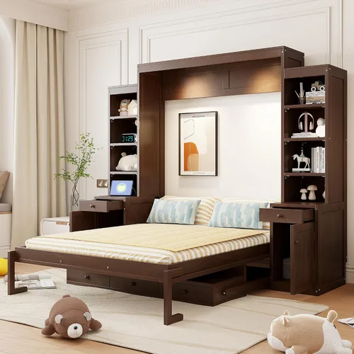 Vista 3 de MERITLINE Cama Queen Murphy con escritorio y armarios de almacenamiento, cama vertical de pared de madera maciza con cajones de almacenamiento
